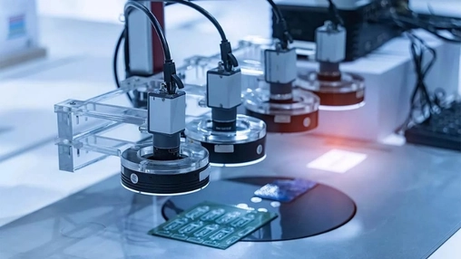 Industrial inspection cameras on robotic arms scanning a circuit board on a precision manufacturing workbench