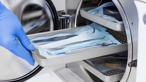 A blue latex-gloved hand placing a metal tray with sterile instrument packs into an open autoclave sterilizer