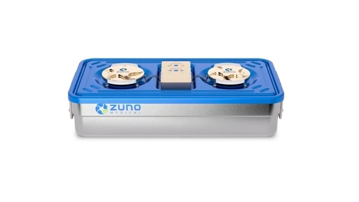 Blue and silver Zuno Medical Smart Container with two gold disc seals and a status panel on a white background